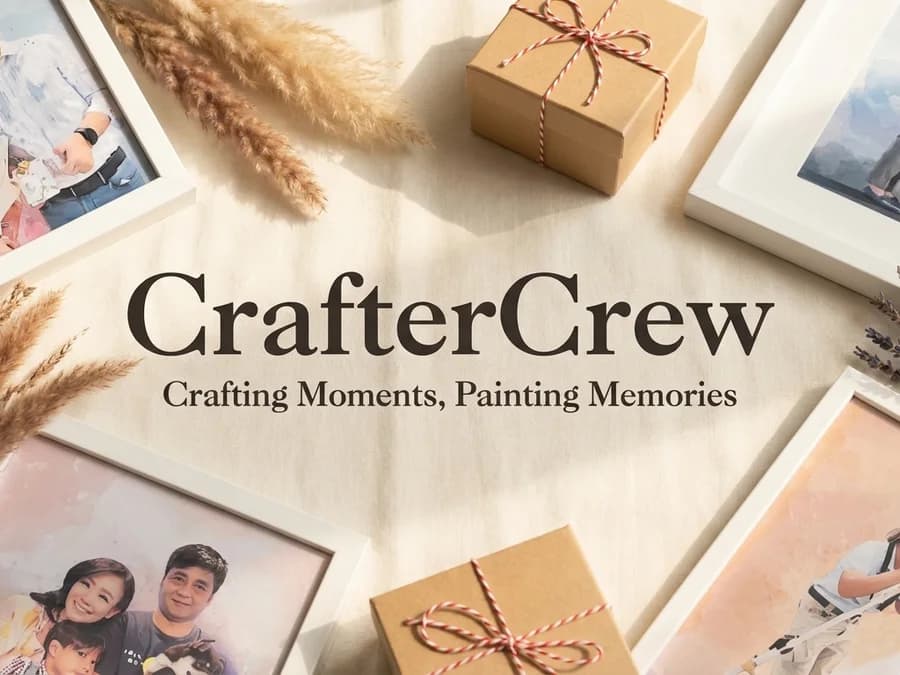CrafterCrew — Crafting Moments, Painting Memories, framed watercolour portraits laid out on linen