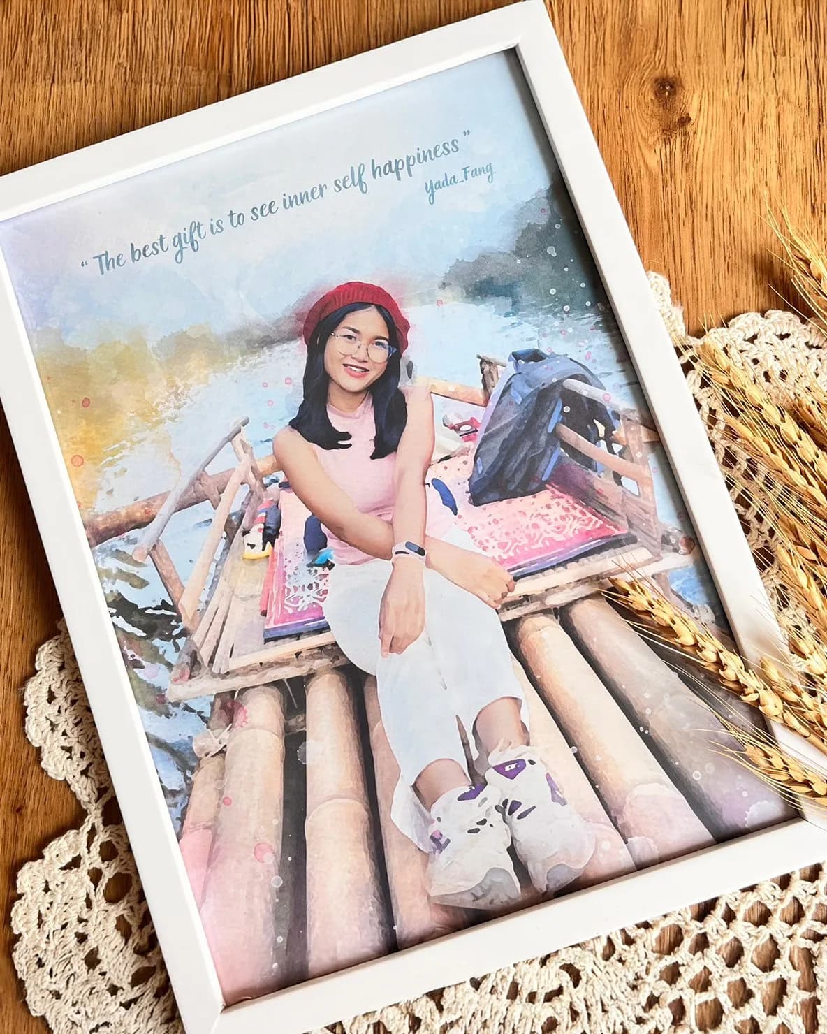 ภาพวาดสีน้ำหญิงสาวนั่งแพไม้ไผ่ในตลาดน้ำ